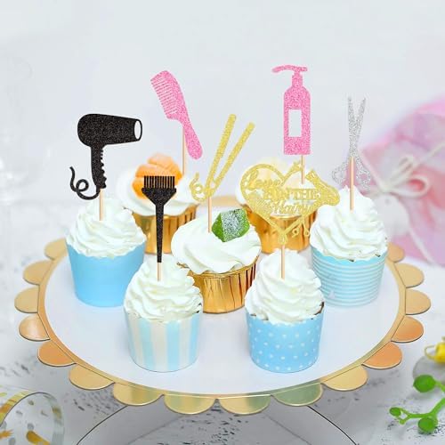 Ercadio 35 Pack Barbershop Themed Cupcake Toppers Gold Love is In the Hair Bachelorette Cupcake Picks Bridal Shower Birthday Party Cake Decorations Supplies Hair Gryer Black