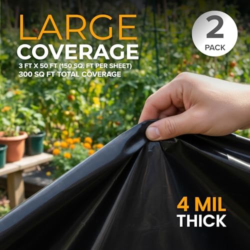 Black Plastic Sheeting Roll 3'x50' (2 Pack) – 4 Mil UV Protected, Weed Barrier & Landscape Plastic for Gardening, Root Blocker & Moisture Barrier, Protective Covering for Painting & Equipment