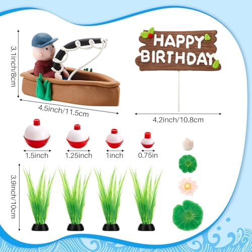 Simgoing 14 Pcs Fishing Cake Topper Decorations with Fishman Rod Float Seaweed Boat and Happy Birthday Sign for Men Fishermen Fish Themed Birthday Party Supplies