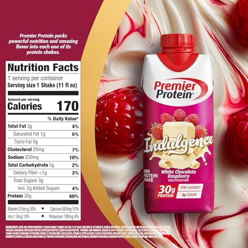 Premier Protein Shake INDULGENCE, White Chocolate Raspberry, 30g Protein, 170 Calories, 3g Sugar, 11 fl oz, 12 Pack