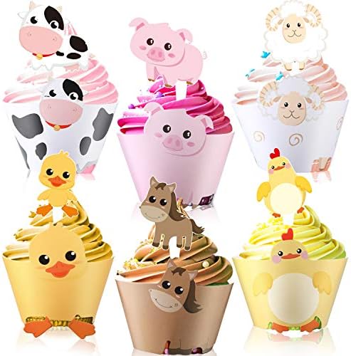 Blulu 60 Pieces Farm Animal Cupcake Toppers and Wrappers for Farm Theme Party Cupcake Wrappers Toppers Animal Birthday Barnyard Party Decoration Baby Shower Supplies