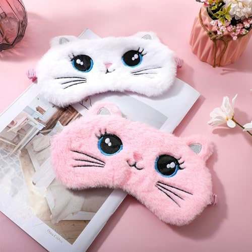 2 Pcs Plush Eye Mask Soft Sleeping Blindfold Eye Cover Comfortable Cute Animal Sleeping Mask Satin Nap Night Eyeshade Cover for Women Men Gift (Pink White Cat Style)