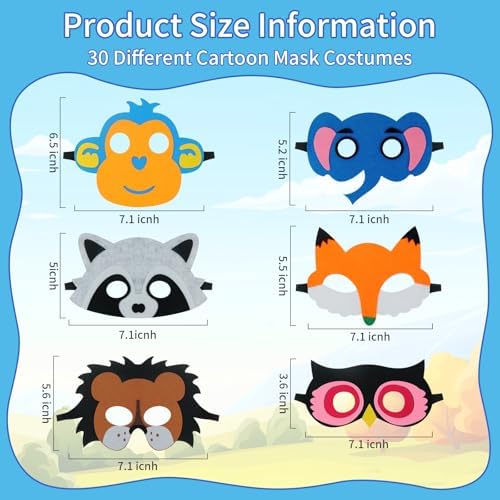 TAOVEN 30 Pieces Felt Animal Masks for Kids Jungle Theme Party Favors Supplies