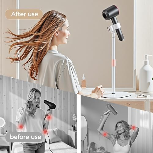 Hands Free Hair Dryer Stand Holder, Countop Blow Dryer Holder with 360 Degree Rotating, Height Adjustable, Universal Grip Works for 99% Blow Dryer (White)