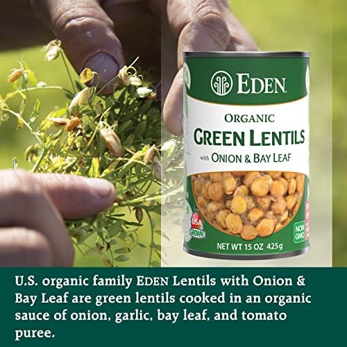 Eden Organic Green Lentils with Onion and Bay Leaf, 15 oz Can (12-Pack Case), Non-GMO, Vegan, Kosher, U.S. Grown, Heat and Serve, Macrobiotic