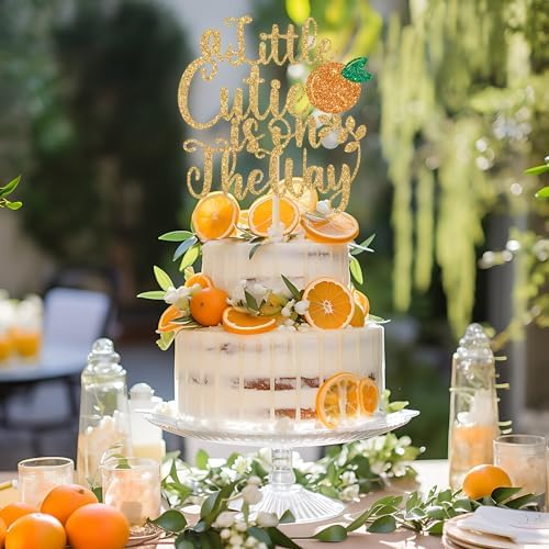 A Little Cutie is on the Way Gold Glitter Fruit Theme Baby Shower Cake Topper, 1pc, 5.2 x 5.6 inches