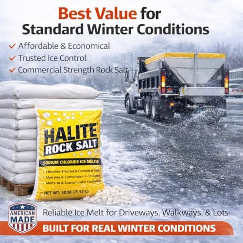 Bulk Ice Melt- Sodium Chloride Rock Salt Pallet of Ice Melt- 50 lb Bag- Melts to 5°F - Halite Commercial Grade Ice & Snow Melt in Bulk [Pallet of 49 Bags] 50 lbs Each! Easy to apply~