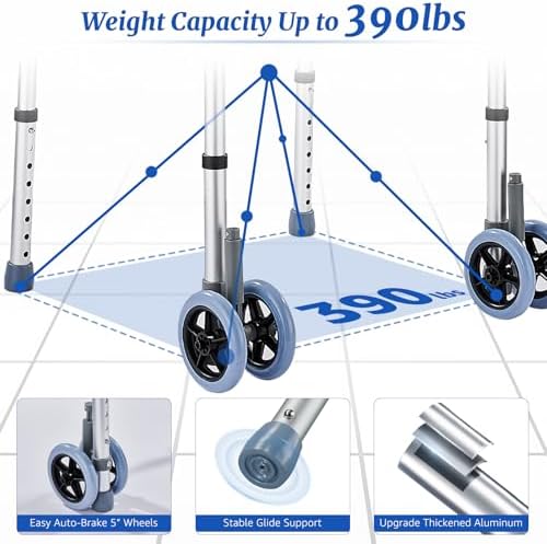 Folding Walkers with Wheels and Seat,Auto Brake Double Front 5" Wheel Walker 350LB,Lightweight Standard Walkers for Seniors,Aluminum Rolling Walker for Adults,Height Adjustable Walking Mobility Aid