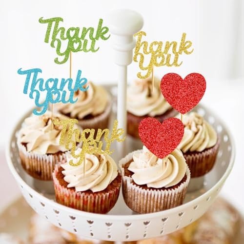 Thank You Cupcake Toppers Set: Birthday Party Decorations for Baby Shower Wedding Birthday Retirement 36pcs Cupcake Picks with Thank You Message
