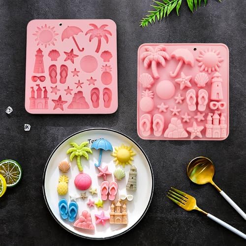 2Pcs Summer Beach Theme Silicone Molds for Chocolate, Coconut Tree Starfish Shells Beacon Pineapple Shape Candy Chocolate Mold for Tropical Summer Party Marine Jello Cookie Ice Cube Baking Mould