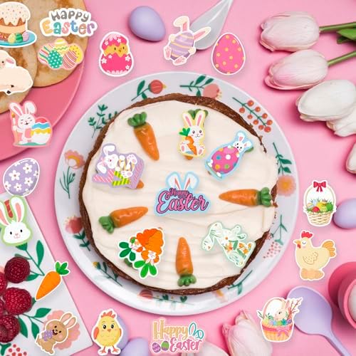 60PCS Edible Happy Easter Cupcake Toppers Wafer Paper Bunny Easter Eggs Cupcake Picks Edible Bunny Cupcake Decors for Easter Theme Baby Shower Birthday Easter Party Supplies