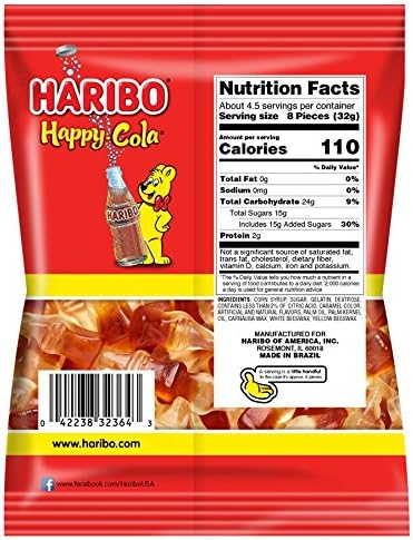 HARIBO Gummi Candy, Happy-Cola Gummy Candy Soda Bottles, 5 Ounce Share Size Bags (Pack of 12) Delicious Soft & Chewy Sweet Snacks, Classic Cola Flavor