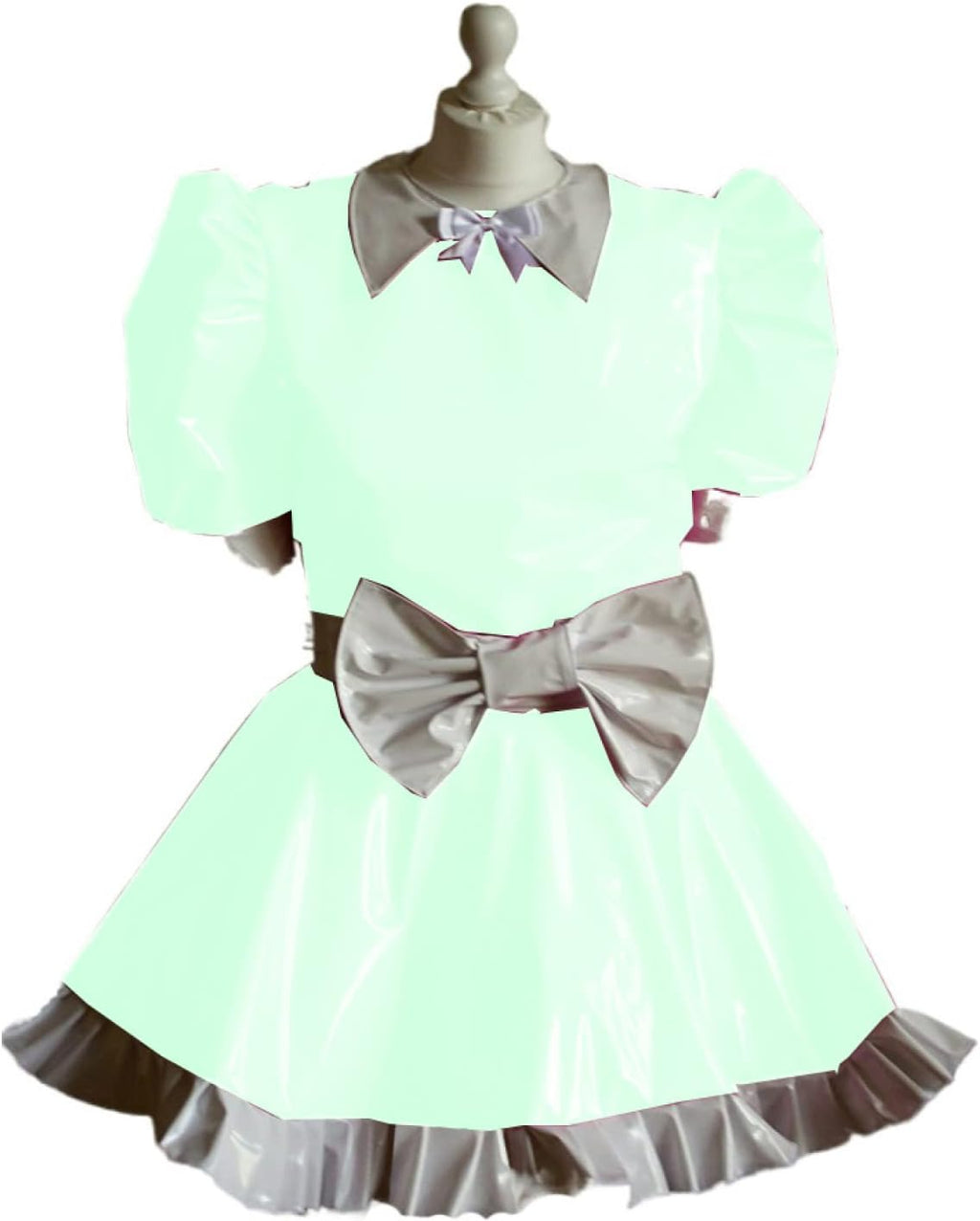 Maid Cosplay Sleeve Mini Dress Ladies Cute White Bowknot Decor Uniform PVC Patchwork A-line Pleated Dress,Light Green,6XL