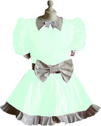 Maid Cosplay Sleeve Mini Dress Ladies Cute White Bowknot Decor Uniform PVC Patchwork A-line Pleated Dress,Light Green,6XL