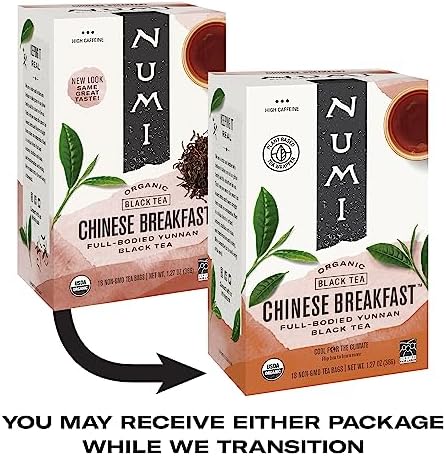 Numi Organic Chinese Breakfast Tea, 18 Tea Bags, Full Bodied Yunnan Black Tea, Caffeinated (Packaging May Vary)