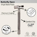 WEISHI Butterfly Open Double Edge Safety Razor for Men, Nostalgic Long Handle with 5 Stainless Razor Blades, Reusable Wet Shave Tool for Smooth, Close Shave