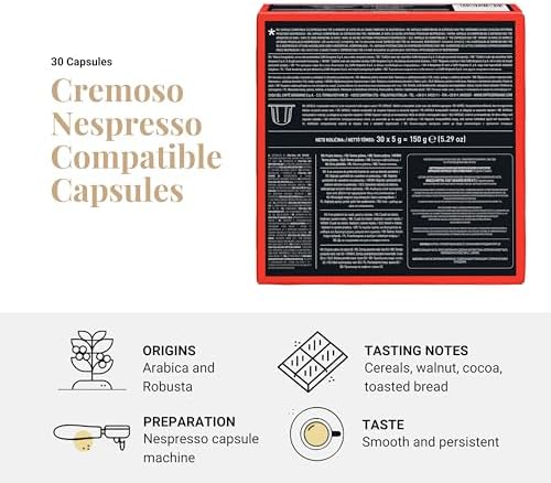 Caffe Vergnano 1882 Medium Roast Espresso Compatible Capsules, Single-Serve Arabica Robusta Espresso Coffee, Italian For Nespresso Machines, Intensity 6/10, Cremoso, 30 Ct