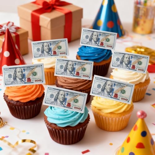 100 PCS Edible 100 Dollars Bill Image Cupcake Toppers Wafer Paper Money Cupcake Picks Counterfeit Edible 100 Dollars Party Decorations for Dollar Theme Party Decorations Supplies Small Size