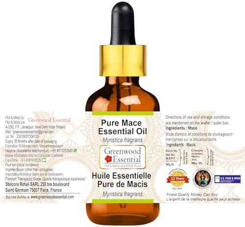 Greenwood Essential Pure Mace Essential Oil (Myristica fragrans) with Glass Dropper Steam Distilled 10ml (0.33 oz)
