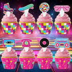 48 Pack Retro Cupcake Toppers and Wrappers, Retro Neon Party Cake Decoration for 80s 90s Theme Birthday Party Baby Shower Supplies