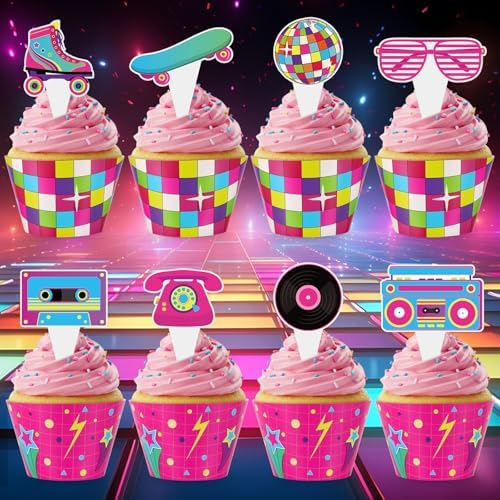 48 Pack Retro Cupcake Toppers and Wrappers, Retro Neon Party Cake Decoration for 80s 90s Theme Birthday Party Baby Shower Supplies