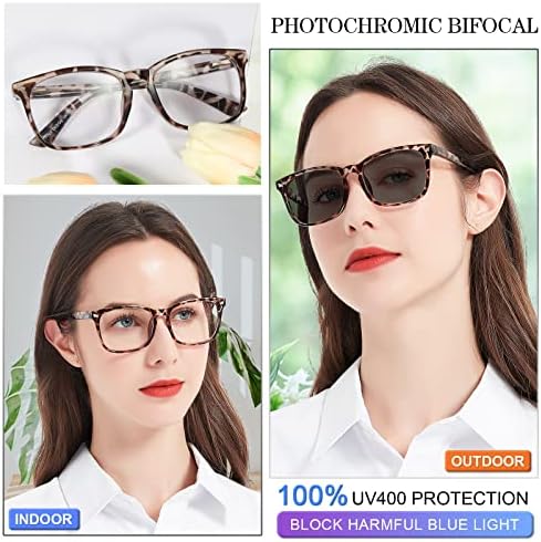 MARE AZZURO Photochromic Bifocal Reading Glasses Women Blue Light Blocking Square Readers Sunglasses 1.00 1.50 2.00 2.50 3.00 3.50 4.0 (Leopard, 1.0)