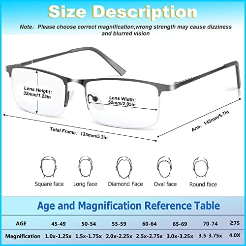 3 Pack Blue Light Blocking Reading Glasses for Men, Stylish Half Frame Metal Computer Readers, Lightweight Spring Hinge Eyeglasses Anti Eyestrain/Glare/UV (Mix Color, Black+Grey+Brown, 2.5)