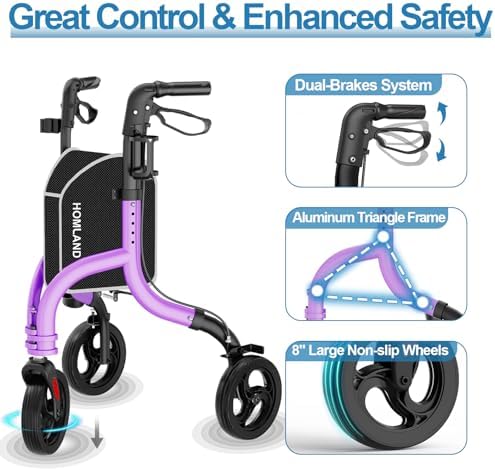 HOMLAND 3 Wheel Walkers for Seniors, Foldable Wheeled Rollator with Cane Hold and Cup Hold, Lightweight Three Wheel Rolling Walker Height Adjustable for Seniors