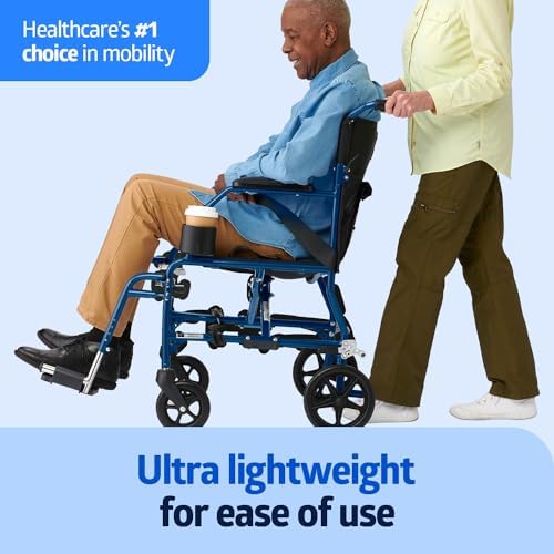 Medline Ultra Lightweight Transport Wheelchair for Adults and Elderly, Foldable, 19-Inch Seat Width, Blue Frame, Black Upholstery, 300 lb Capacity
