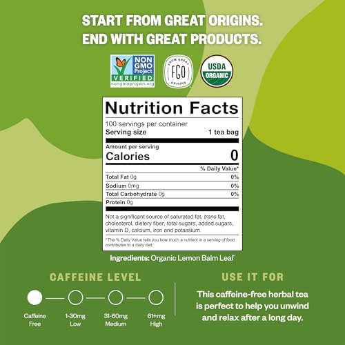 FGO Organic Lemon Balm Tea, 100 Count, Eco-Conscious Herbal Tea Bags, Resealable Bag, Caffeine Free, Packaging May Vary (Pack of 1)