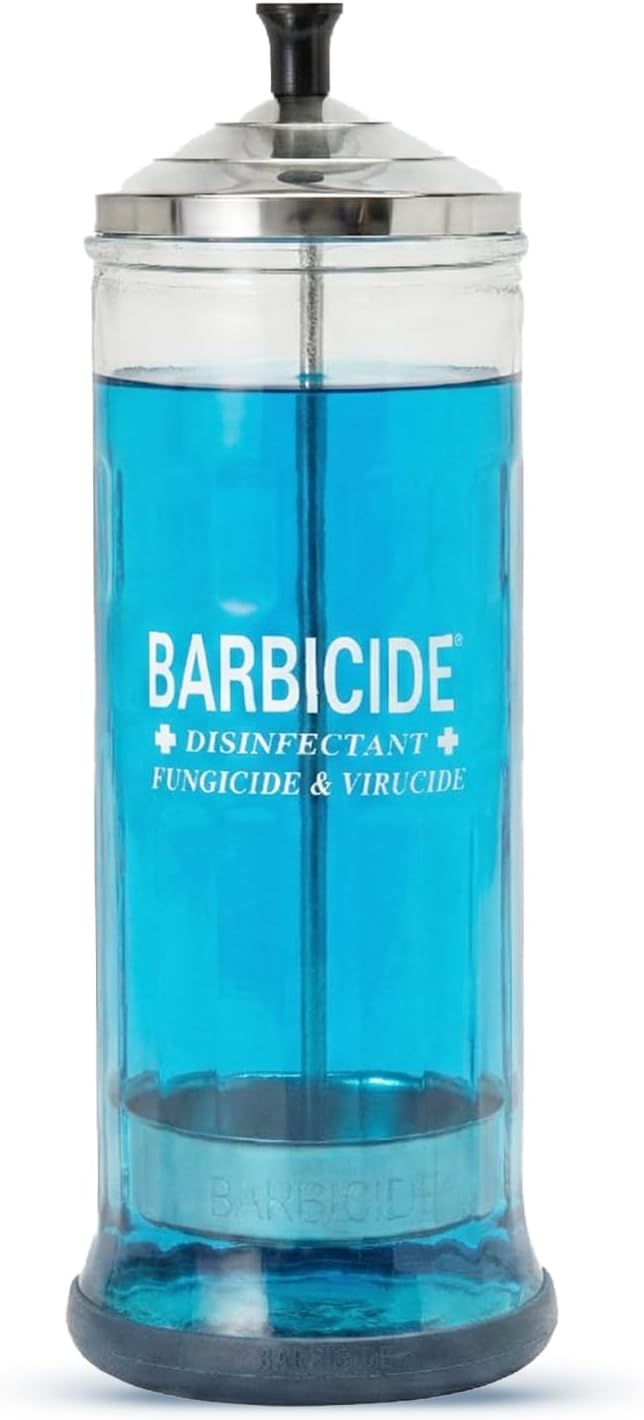 BARBICIDE Disinfecting Jar (Large - 37 Fl Oz) – Durable Glass Immersion Container with Stainless Steel Lid &Tray – Professional Tool Sanitizer for Combs, Brushes, Nail Tools & Implements