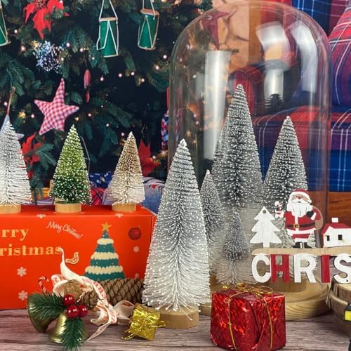 Mini Christmas Tree Bottle Brush Christmas Trees Decor for Christmas Decorations Wooden Bases (Silver and White)