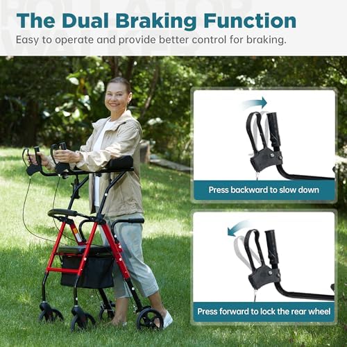 ELENKER Upright Walker, Stand Up Rollator Walker with Padded Seat and Backrest, Lightweight, Compact Folding, Fully Adjustment Frame for Seniors, Red