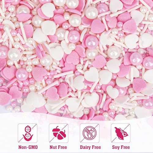 Twisweet Edible Pink Sprinkles for Cake Decorating, Pink Pearls Heart Sugar Sprinkles Mix Baking Candy, Cake Topper Cupcake Cookie Ice Cream Decorations, Valentine Mother's Day Birthday Wedding Baby Shower Party Supplies (130g/4.58oz)