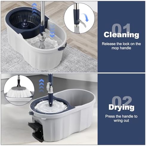 Spin Mop and Bucket System with180-Degree Rotating Head Telescopic Handle Dual Chamber Bucket Floor Cleaning Set with 3 Mop Refills Dual-Function Wringing Hand-Press and Foot-Pedal
