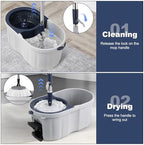 Spin Mop and Bucket System with180-Degree Rotating Head Telescopic Handle Dual Chamber Bucket Floor Cleaning Set with 3 Mop Refills Dual-Function Wringing Hand-Press and Foot-Pedal
