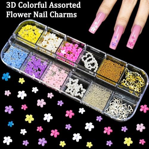 5 Boxes 3D Flower Nail Charms Colorful Acrylic Flower Petals Floral Nail Rhinestones with Caviar Beads and Flatback Pearls Color Gems Nail Diamonds Hawaii Flowers Butterfly Nails Jewels for Women