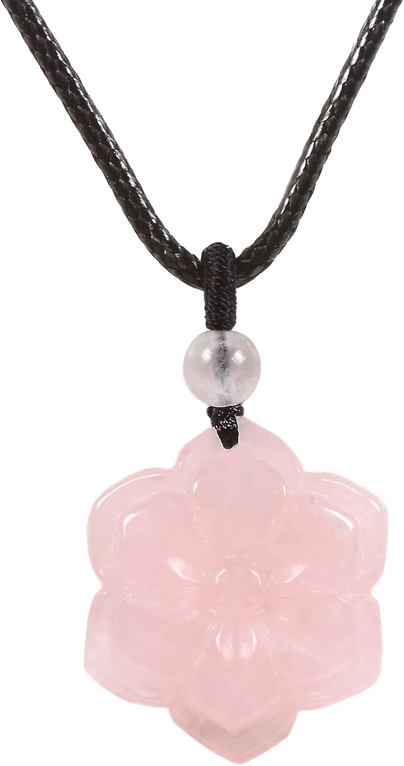 Justinstones Hand Carved 30mm Healing Crystals Gemstone Double Flower Pendant Hand Weaving Wax Rope Necklace 22 inch
