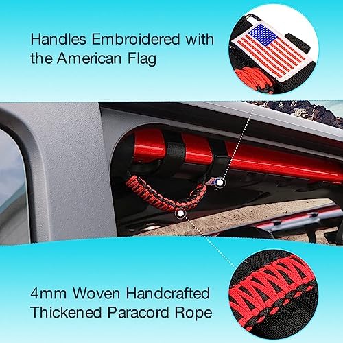 GAIZON 4 Pack Grab Handles Paracord Roll Bar for Jeep Wrangler Accessories CJ YJ TJ JL JK LJ JLU JKU Sahara Freedom Rubicon,Gladiator JT 1955-2023 Interior Accessories with America Flag(Red)