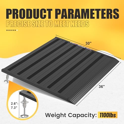 Threshold Ramp for Doorways,Adjustable Height 2.6"-7.3" Aluminum Wheelchair Ramp with Heightening Screws and Swivel Angle Leg,1100lbs Load Capacity, 30"x36'' Curb Ramp for Trolley,Power Chairs