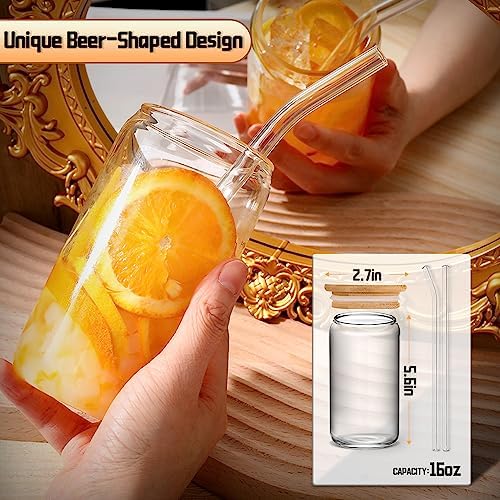DWTS DANWEITESI Glass Cups with Lids and Straws 4 pcs,16oz Drinking Glasses Set for Coffee Bar Accessories,Iced Coffee Cups with Lids,Matcha Cup Glass Tumbler Reusable for Gifts