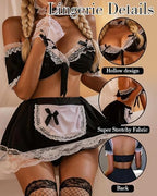 Maid Costume for Women - 7 Pcs Maid Outfit White Lace Cuffs Headband Choker Black Fishnet Stockings Halloween Anime Cosplay Theme Party Outfit