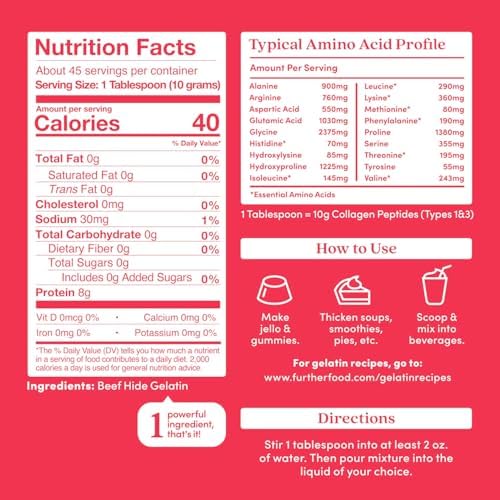 Further Food Premium Gelatin Powder – Unflavored, Grass-Fed & Pasture-Raised Beef Hide, Non-GMO, Sugar-Free, Keto & Paleo Friendly, 15.87 oz