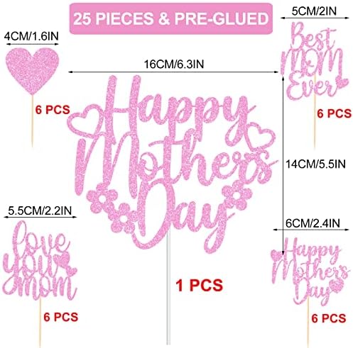 JOZON 25 PCS Glittery Pink Happy Mother's Day Cake Topper and Best Mom Ever Love You Mom Cupcake Topper Set Mothers Day Party Cupcake Picks Cake Decorations Supplies