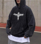 Dynict Unisex Y2K Aicd Wash Gothic Graphic Hoodies Oversize Grunge Skull Wing Print Sweatshirt Casual Fit Pullover