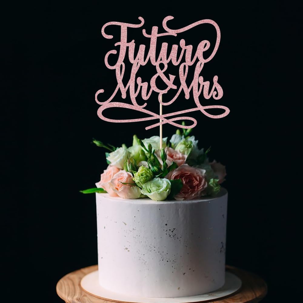Future Mr and Mrs Cake Topper,Glitter Bridal Shower Cake Pick Decorations- for Wedding Engagement Theme Party Decoration,Bachelor Party Decorations Supplies (Rose gold)