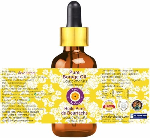 Deve Herbes Pure Borage Oil (Borago officinalis) with Glass Dropper Natural Therapeutic Grade Cold Pressed 30ml (1 oz)