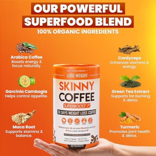Skinny Coffee Super Boost Weight Loss Coffee, Belly Fat Burner for Women & Men, Sugar-Free Keto Vegan, Reduces Bloating, Supports Energy & Metabolism, Appetite & Cravings Control (30 Servings)