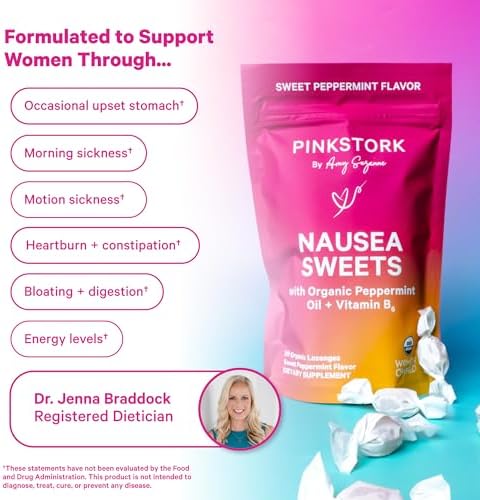 Pink Stork Organic Peppermint Sweets for Morning Sickness and Motion Sickness Support, Added Vitamin B6, 1st Trimester Pregnancy Must Haves - 30 Wrapped Peppermint Candies