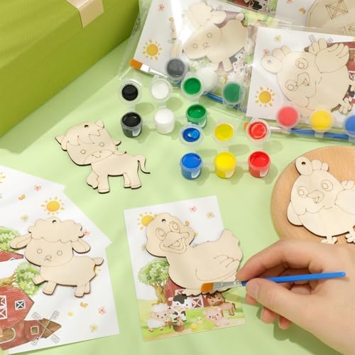 24 Pcs Farm Party Favors Farm Animal Wooden Painting Craft Kits Farmer Animal Birthday Party Supplies with Organza Bag for Birthday Favors Goodie Bags Fillers